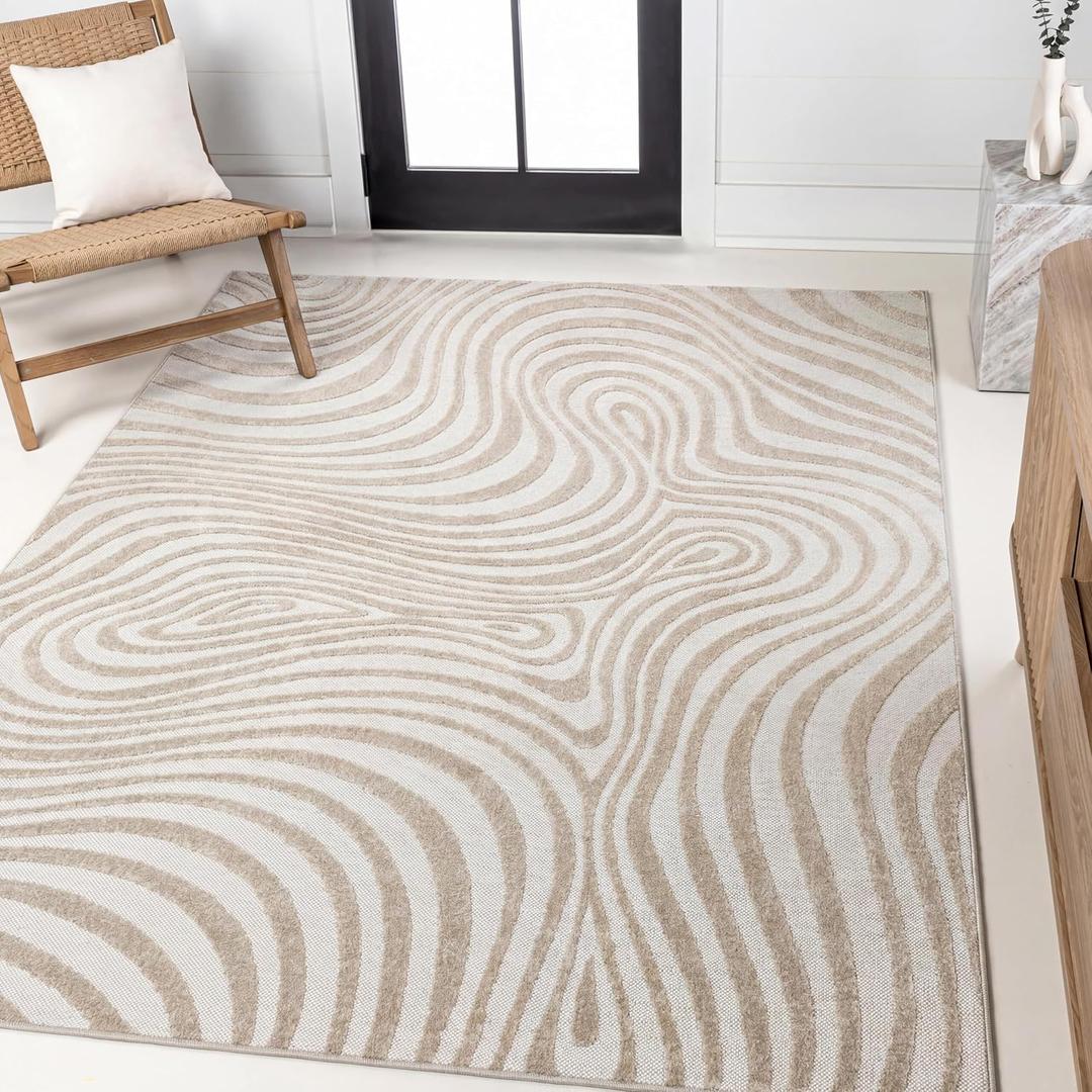JONATHAN Y Maribo High-Low Abstract Striped Beige/Cream 8x10 Indoor/Outdoor Area Rug for Patio, Backyard, Living Room, Bedroom, Office, Hose-Washable (SCN103D-8)
