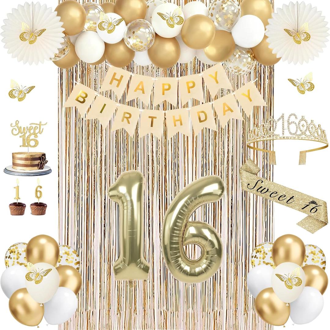 Sweet 16 Party Decorations, Champagne Gold Happy 16th Birthday Decorations for Girls, Sweet16 Sash and Crown, Banner, Fringe Curtains, Hanging Paper Fans, 16 Year Old Party Supplies Set