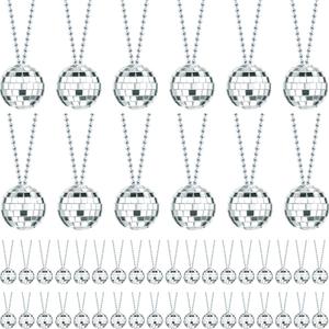 Junkin 48 Pieces Disco Necklaces Decoration Bulk Disco Mirror Ball New Year 70s Party Favors Mini Balls Decoration, 1.57 Inch Stage Props Accessories (Silver)