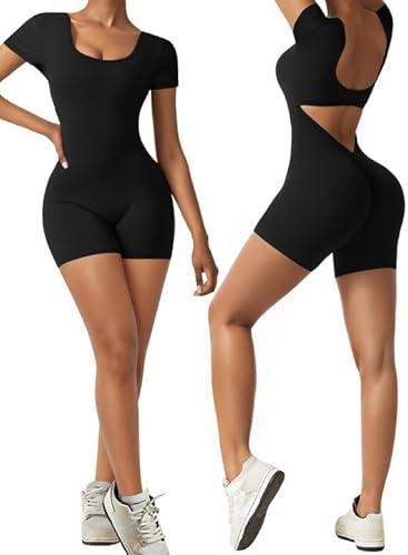 OEAK Short Sleeve Jumpsuit Workout for Women Square Neck One Piece Backless Tummy Control Bodycon Scrunch Butt Yoga Rompers Size L