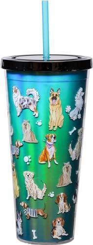 Spoontiques - Acrylic Foil Cup with Straw - 20 - Metallic Locking Lid with Straw - Double Wall Insulated - BPA Free - Dog Doodles Foil Cup, 20 Oz