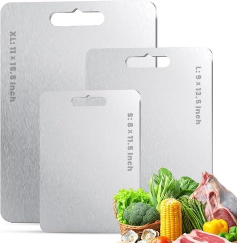 Titanium Cutting Board Set of 3 (S+M+L), 100% Pure Titanium Kitchen Cutting Boards, Double-Sided Chopping & Serving Board for Meat, Vegetables & Cheese, Lightweight, Durable & Dishwasher Safe