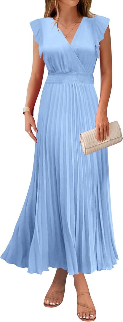 KIRUNDO Women's Summer Maxi Dresses Elegant V Neck Ruffle Flutter Sleeves Empire Waist Pleated Flowy Wedding Guest Dress (Medium, Light Blue)