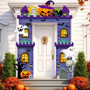 Tiamon Halloween Haunted Building Banner Scary Archway Door Archway Decorations Pumpkin Ghost Skull Hanging Porch Banner for Halloween Photo Prop Backdrop Party Decor Supplies