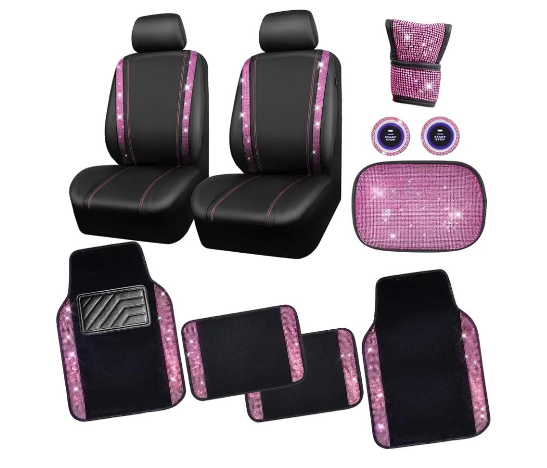 Bling Rhinestone Car Seat Covers Leather Shining Diamond Car Floor Mats Carpet with Anti-Slip Nibs Bling Diamonds Car Accessories Sets Pink Glitter Crystal Diamond Combo Set