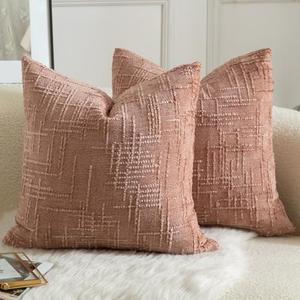 MANDIOO Pack of 2 Soft Chenille Textured Throw Pillow Covers Square Accent Solid Decorative Cushion Cover Cozy Farmhouse Pillow Case for Couch Sofa Bed Living Room 18x18 Inch Dusty Pink