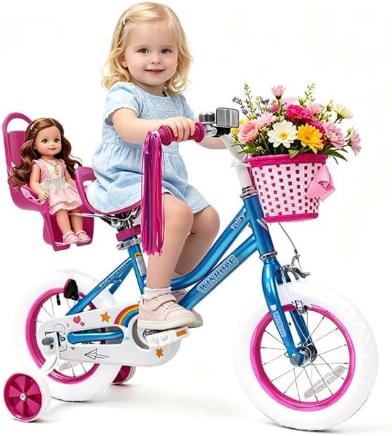 WinHope Fairy Girls Bike with Doll Seat, 12-20 Inch Kids Bike for Ages 2-12Dual Brake with Training Wheels / Kickstand & Streamers Birthday Gift for Toddler Outdoor Riding, Multiple Colors
