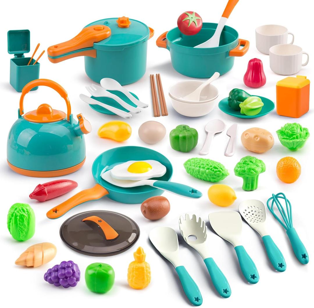 56Pcs Mini Play Kitchen Accessories for Kids, Pretend Cooking Playset with Cookware, Tableware & 2 Fruit Sets, Learning Gift for Girls, Boys, Toddlers, Green