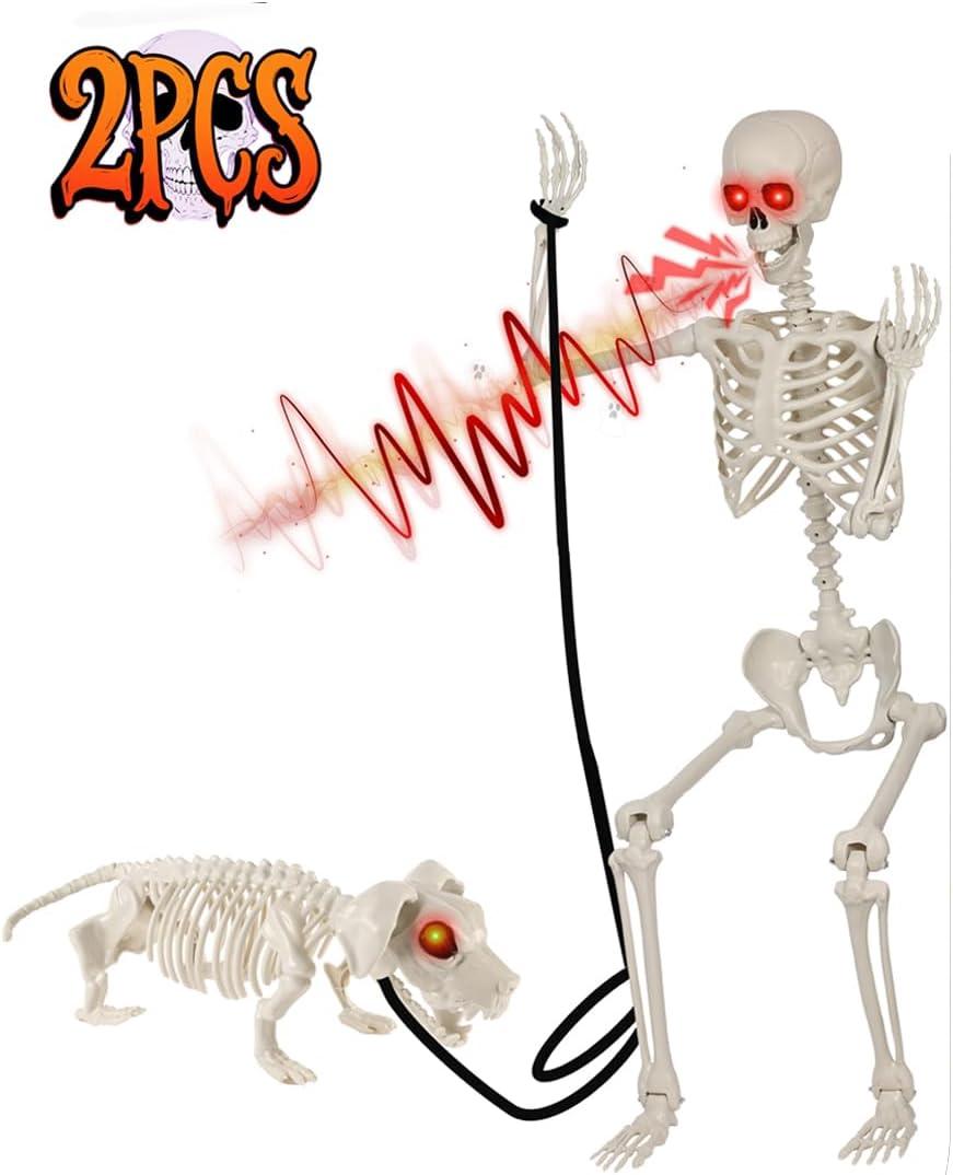 5.4Ft Halloween Skeleton with Skeleton Dog - Life Size Skeleton with Glowing Eyes Scary Creepy Sound Movable Joints Full Size Posable Skeleton Decor Halloween Decorations Outdoor Indoor