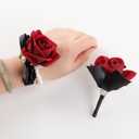 2 x Corsage and Boutonniere Set for Wedding Prom, Artificial Rose Flower Wrist Corsage Bracelets, Homecoming Corsage Wristlet, Boutonniere for Men Wedding Suit Decorations (Black&wine Red)