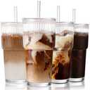Iced Coffee Cups with Lids: Coffee Bar Accessories - Ribbed Glass Tumbler with Straw and Lid 3Pcs - 20oz Leak Proof Tumbler - Reusable Glass Cups and Tumblers with Lid and Straws for To Go Iced Coffee