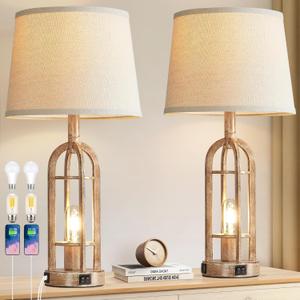 Table Lamps for Living Room End Table Set of 2 - Rustic Farmhouse Bedside Lamps for Bedroom Nightstand with Nightlight and USB A+C, 4 Bulbs Included (Button Switch - Wood)