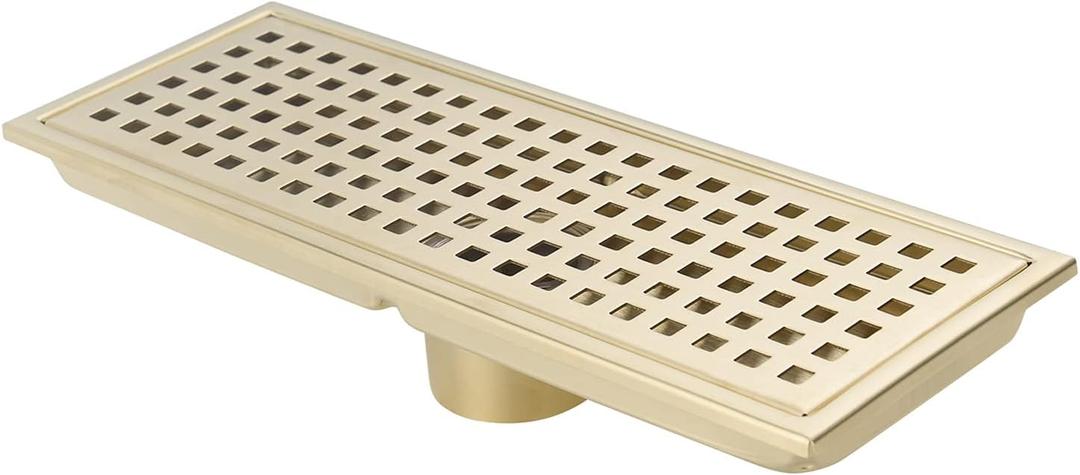 12 Inch Rectangular Shower Floor Drain, Can Be Detachably Inserted Into The Mesh Grille Cover, SUS304 Stainless Steel, Brushed Gold