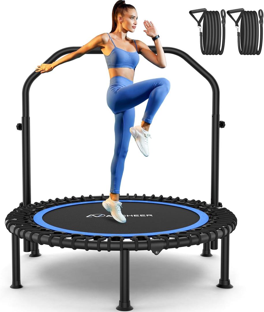 Bungee Rebounder Trampoline, ANCHEER 40" Foldable Fitness Trampoline with Resistance Ropes&Upgraded Bungees, 4 Level Adjustable Handlebar, 450LBS Capacity, Safe for Home/Cardio,Indoor/Outdoor (Royal Blue)