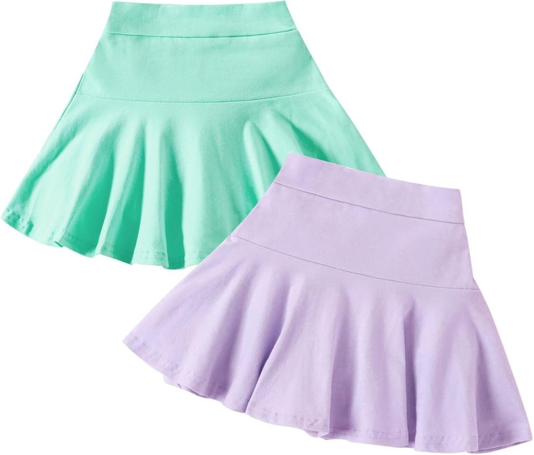 Neutocd Toddler Little Girls Skirts Skorts Elastic Flared Plain Pleated Tennis Skater Skirts for Girls Kids Built in Shorts (3-4T, Green/Purple)