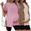 Ficerd 3 Pack Women's Maternity T Shirts, Short Sleeve Side Split Pregnancy Tops Casual Crew Neck Pregnant Tees Mama Clothes (Light Pink, Coffee, Cream, Medium)