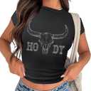 Cowgirl Outfits for Women Crop Tops for Teen Girl Y2k Clothes Cowboy Country Concert Graphic Tee Tops (X-Large, Black)