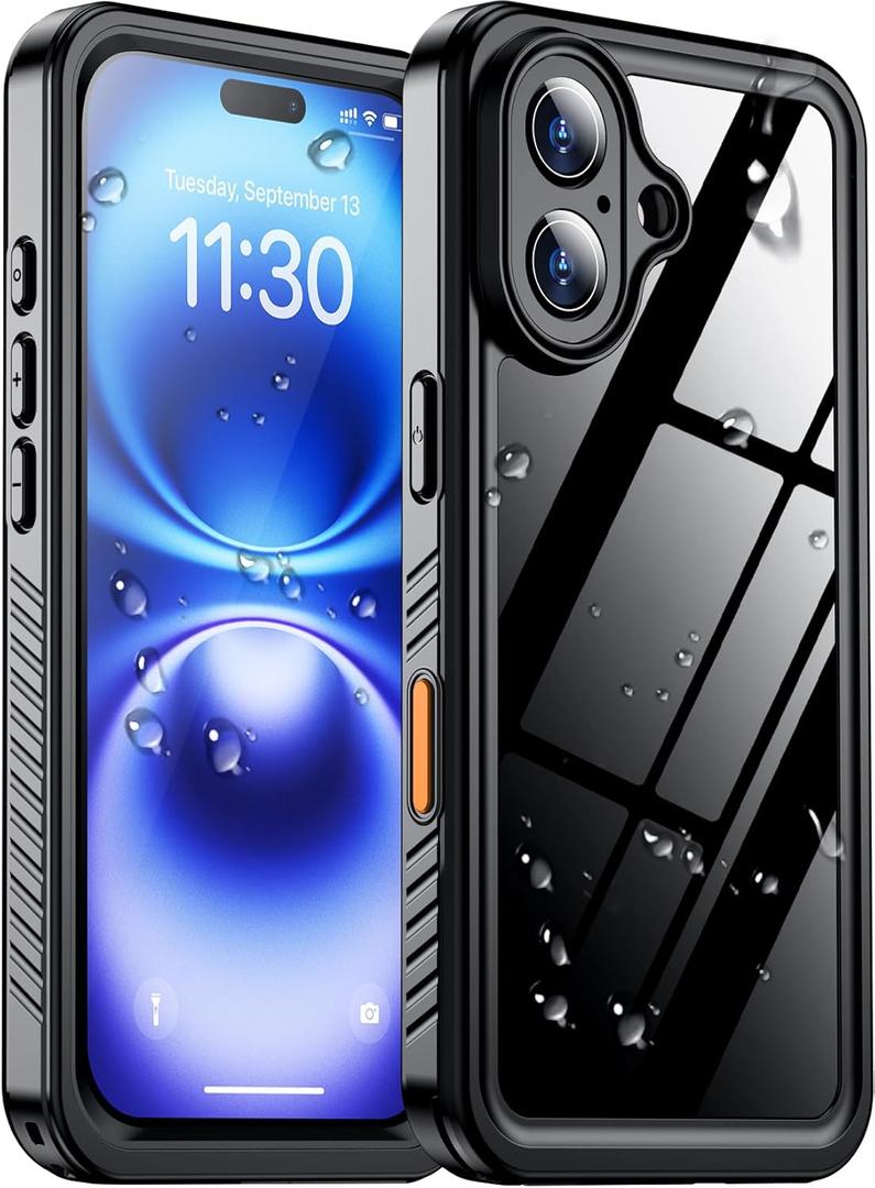 Temdan Compatible with iPhone 16 Case Waterproof, Built-in Screen & Camera Protector IP68 Underwater Full Body 16FT Military Dropproof Shockproof Phone Case 6.1"-Black/Clear