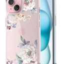 RANZ Case for iPhone 15, Anti-Scratch Shockproof Series Clear Hard PC + TPU Bumper Protective Cover Case for iPhone 15 (6.1") - Pink Flower Peony