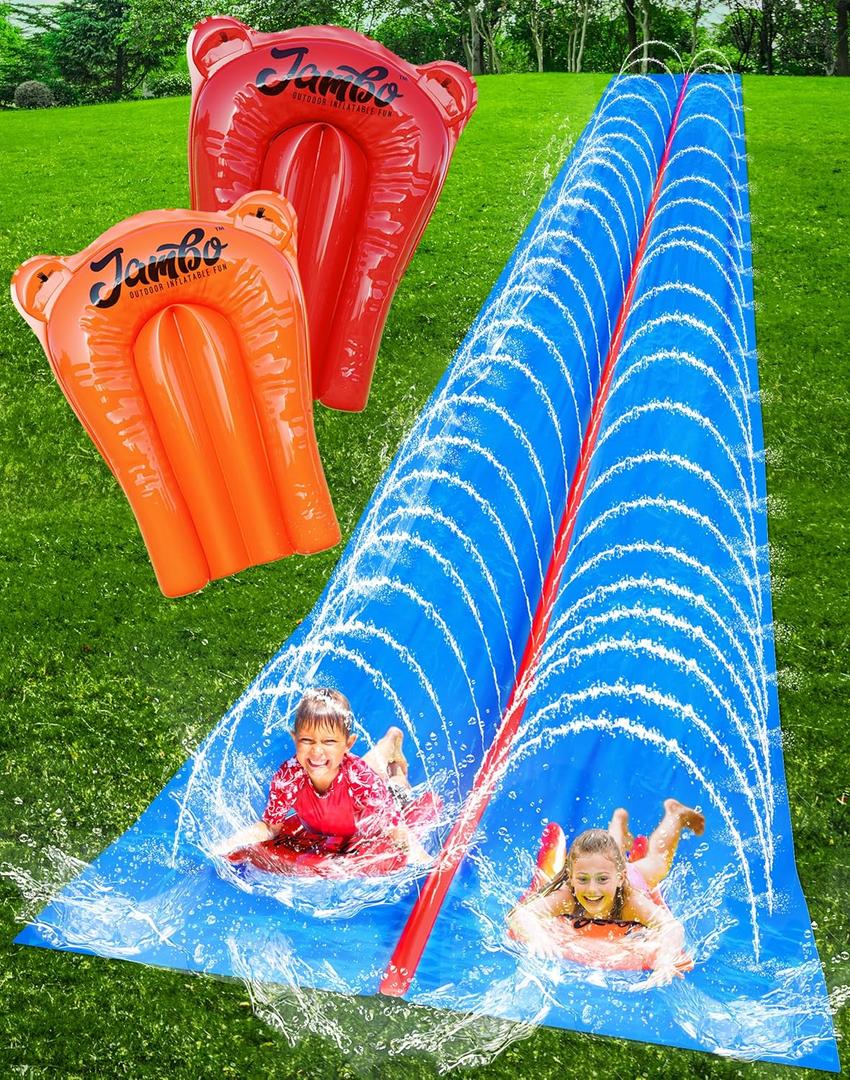 JAMBO 40FT Mega Slip Splash and Slide with 2 Bodyboards | Water Slide Waterslide Backyard Outdoor Water Toys for Kids with Sprinklers | Outdoor Splash Mat Splash Pad, Double Lane Summer Toy