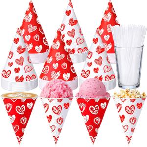 Honeydak 50 Set 6 oz Snow Cone Cups and Spoon Straws Red and White Heart Paper Cone Cups Summer Party Supplies for Shaved Ice Cream Slush Sorbet Treats