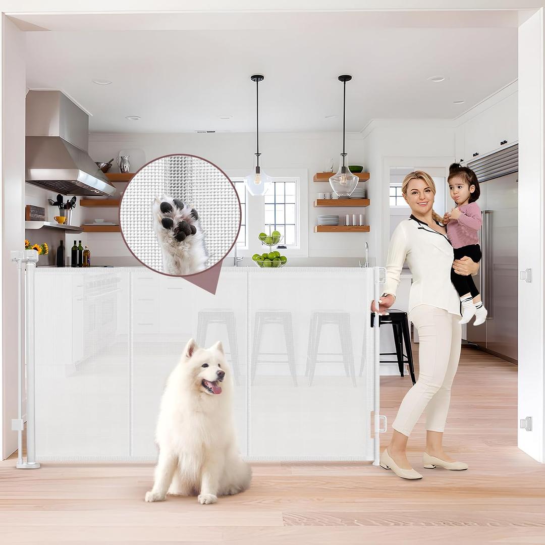 Reinforced 41 Inch Tall Retractable Dog Gate 80 Inch Extra Wide Baby Gate with Support Rods Prevents Crawling Under, Indoor Retractable Baby Gates Outdoor Extra Tall Pet Gate, White