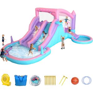 9-in-1 Inflatable Water Slide Bounce House 3 Slides Splash Pool Water Cannon Ball Pit Basketball 520W Blower 197x148x75 Inches Backyard Water Park for Kids Ages 3-8, Lager