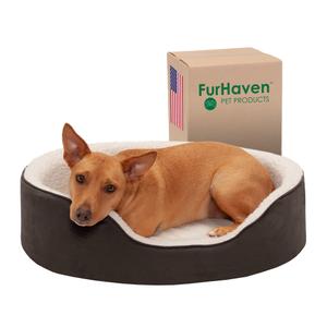 Furhaven Orthopedic Dog Bed for Large/Medium Dogs w/ Removable Washable Cover, For Dogs Up to 30 lbs - Sherpa & Suede Oval Lounger - Espresso, Large