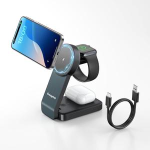 3-in-1 Wireless Charging Station for Apple Devices, 15W Wireless Charger for iPhone 17/16/15/14/13/12, Apple Watch, AirPods, Magnetic Foldable Fast Charger Apple Charging Station (Black)