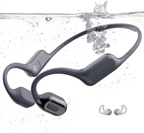 Dnniakm Swimming Headphones, Bone Conduction Headphones Bluetooth 5.4, IPX8 Waterproof with 32GB MP3 Player, Open Earphones with Safelight, Underwater Headphone for Swimming, Night Running, Cycling