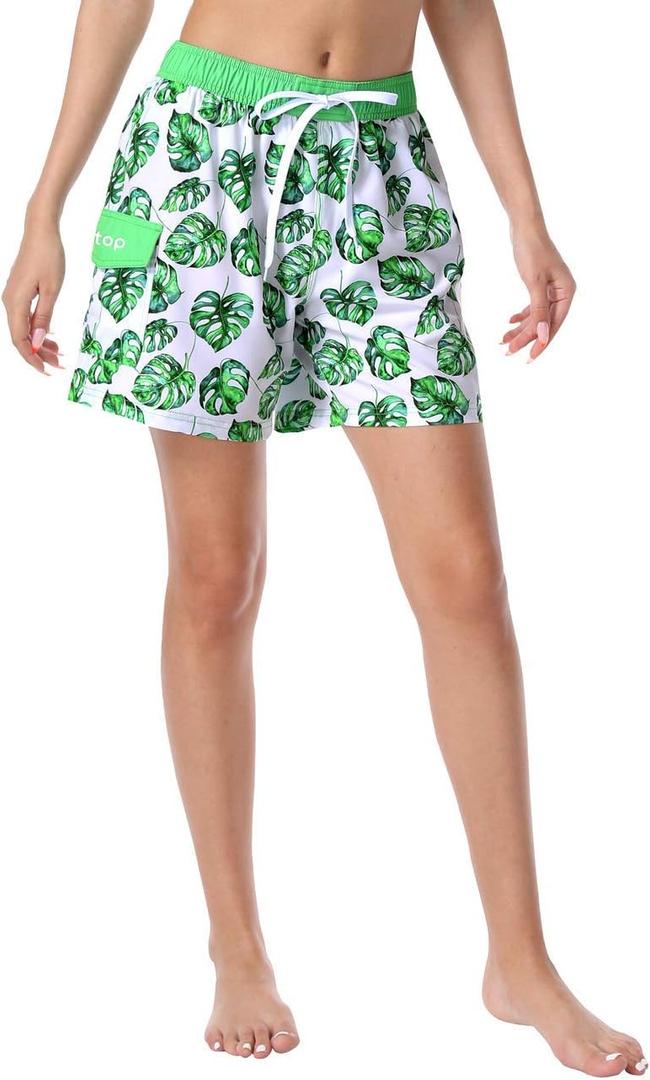 unitop Womens Bathing Boardshorts Swim Shorts Quick Dry with Lining (Small, Green&white)