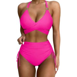 SUUKSESS Womens High Waisted Bikini Sets Tummy Control Drawstring Tie Knot Swimsuit (Medium, Pink) SUUKSESS Womens High Waisted Bikini Sets Tummy Control Drawstring Tie Knot Swimsuit (Medium, Pink)