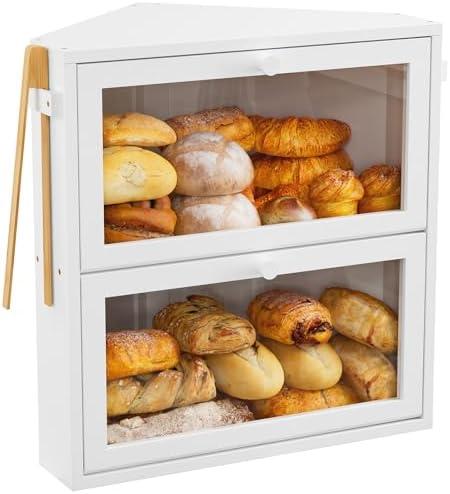 WOWLIVE Corner Bread Box for Kitchen Countertop, Large Double Layer Bread Storage Container for Homemade Bread, Black Bread Holder for Kitchen Counter, Under Cabinet Organizer (White, Extra Large)