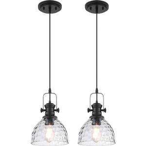 2-Pack Pendant Lights Kitchen Island, 7.5" Farmhouse Black Pendant Lighting with Hammered Glass Shade, Vintage Hanging Light Fixtures for Dining Room Entryway, AD-22151-1P2-BK-H