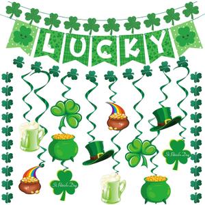St Patricks Day Decorations, Pre-Assembled Lucky Banner with Shamrock Garland, Clover, Leprechaun Hat and Hanging Swirls, Irish Saint Patrick Day Party Decor & Supplies