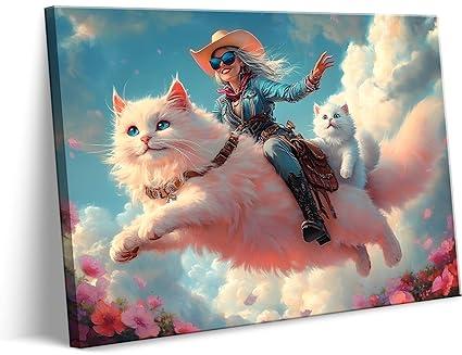Eclectic Western Cowgirl Canvas Wall Art Whimsical Cowgirl Pink Cat Rider Wall Decor Pictures Surreal Funny Cute Cat Trendy Animal Poster Print Funky Maximalist Home Decoration 12x16in
