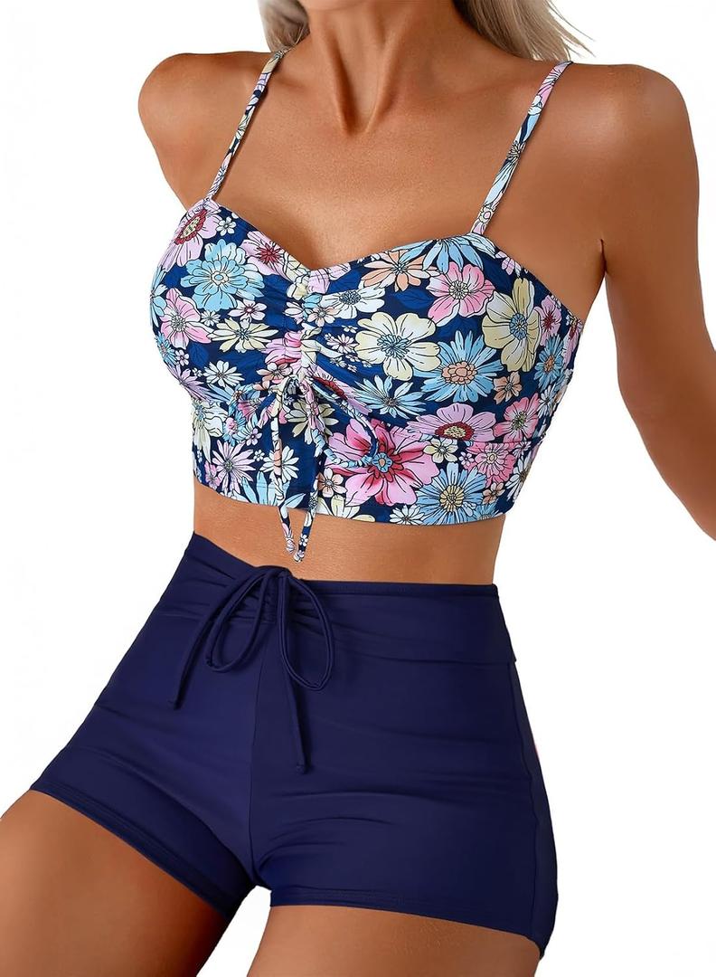 Herseas High Waisted Bikini Sets for Women Floral Print Two Piece Tummy Control Swimsuits Drawstring Short Bathing Suit (Blue, L)