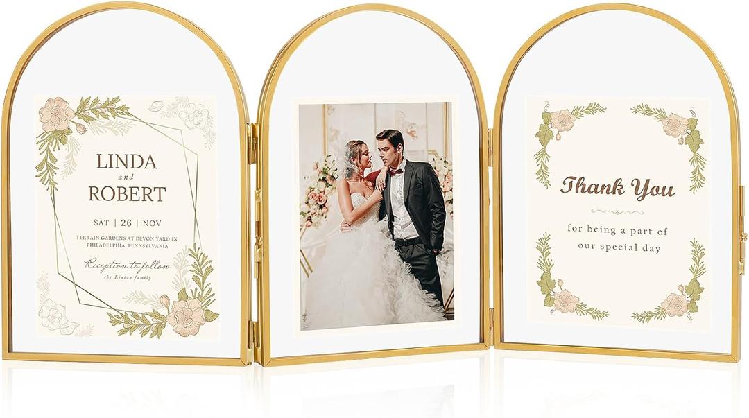 5x7 Triple Picture Frames, Arched Folding Hinged Brass Picture Frames for Three photos, Glass Floating Frame for Artwork Tabletop Display(5x7 Vertical)