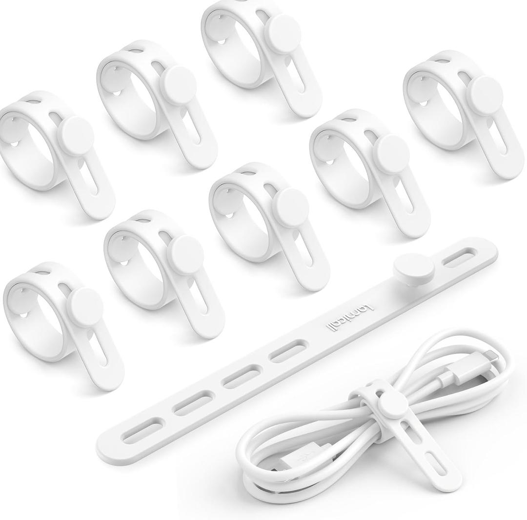 10Pack Silicone Cable Ties Cord Organizer - Lamicall Elastic Wire Ties Management Mother's Day for Mother, Desktop Travel Must Haves, Desk Home Workspace Accessories, Cord Keeper for Cables, White