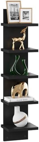 IBUYKE 5 Tier Wall Shelf Unit,Black Vertical Shelf,Floating Storage Wall Shelf,Decorative Wall Mount Vertical Shelving for Home, Bedroom,Living Room,Office Decor WBC009B