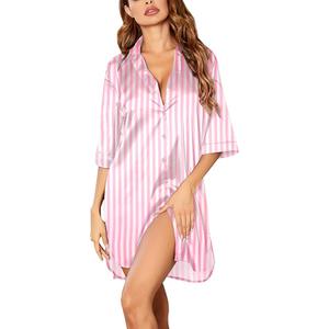 Ekouaer Women's Satin Nightshirt Button Down Sleepshirt Silk 3/4 Sleeve Nightgown Boyfriend Notch Collar Sleepwear L