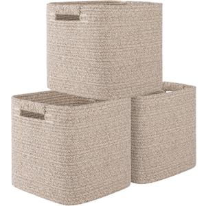 OIAHOMY Storage Cubes 11 Inch Storage Bins-3-Pack, Cotton Rope Woven Baskets for Organizing, Square Storage Baskets for Shelves Organizer, Classroom, Kids Toy Bins, Closet, Baby Nursery-Brown