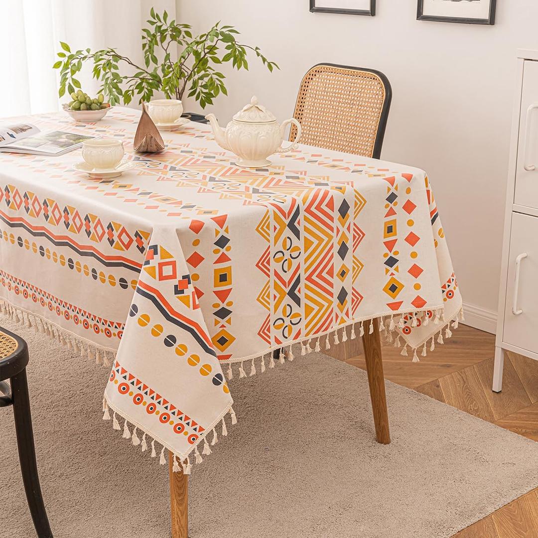 Waterproof Bohemian Tablecloth, 8 Foot Rectangle Fabric Orange Colorful Table Cloth with Soft Cotton Tassels, Farmhouse Vintage Dining Table Cover for Indoor Outdoor Use