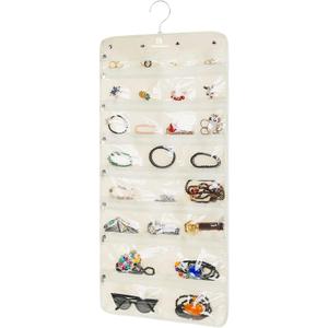 Hanging Jewelry Organizer with 50 Transparent Pockets, 360 Rotating Hanger & Secure Zipper Closure - Foldable Double Sided Jewelry Storage Bag for Earrings, Rings, Necklaces, Bracelets (Beige)