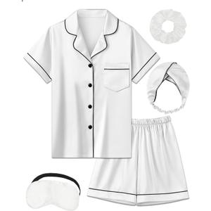 Kids Girl Pajama Set with Headband Blindfold Hair Tie Toddler Boy Girl Satin Silky Button-up Pajama Sleepwear (5-6 Years, White-short)