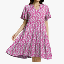 Womens Casual Tiered Swing Midi Dress Ruffle Sleeve V Neck A Line Petite Summer Dresses with Pockets, Medium