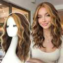 AISI HAIR Wig for Women Medium Length Wave Curly Glueless Synthetic Heat Resistant Hair Wigs for Daily Party Cosplay (Chestnut Brown with Golden Blonde Highlights) (18 Inch)