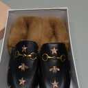 Arqa Fur Mules for Women Comfortable Leather Buckle Mule Flats Furry Padded Backless Loafers Casual Slides Shoes (8, Black Stars)