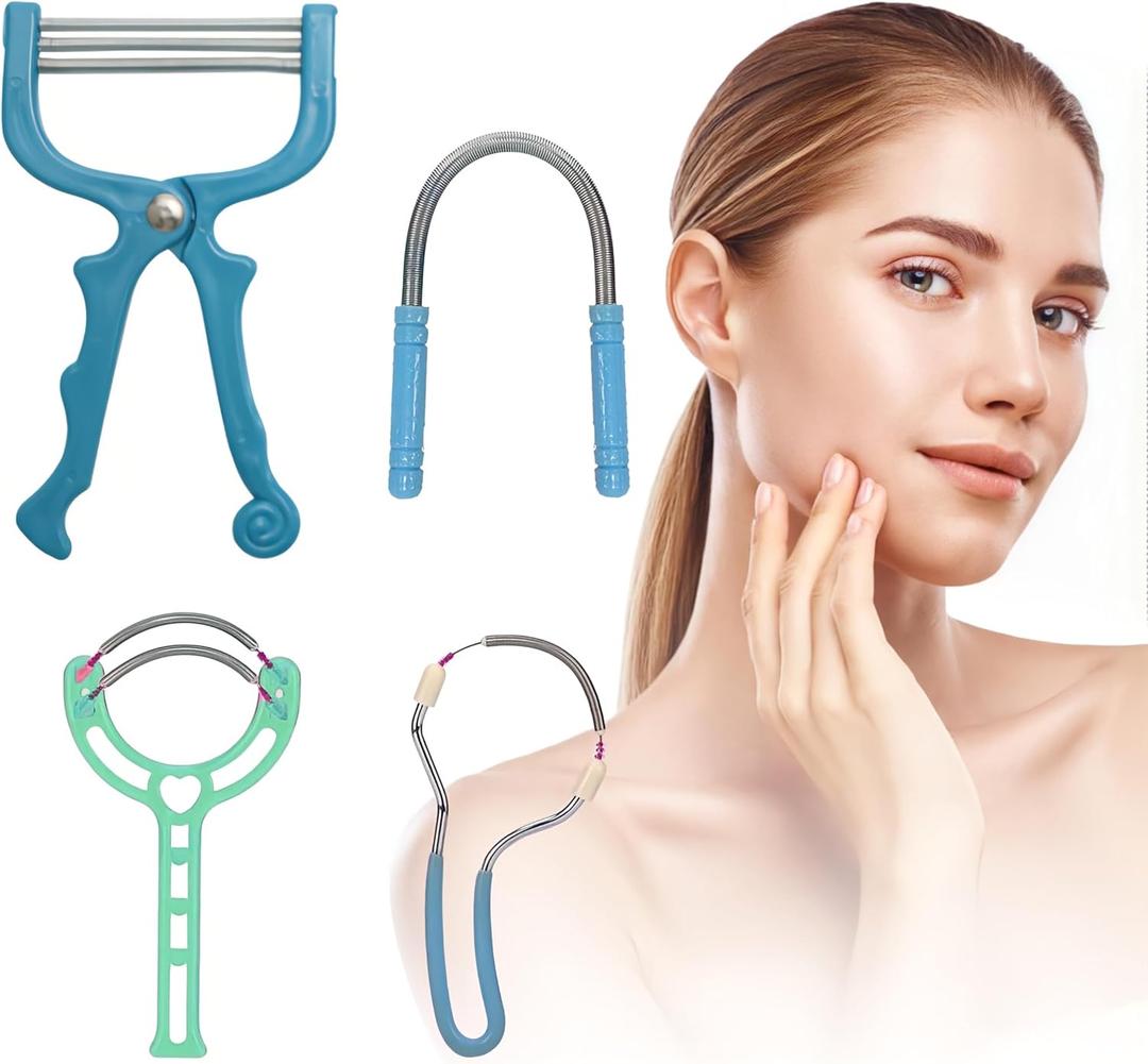 Spring Hair Remover - 4 Pack Stainless Steel Spring Epilator - Facial Hair Remover for Women Face, Chin Hair, Upper Lip Hair, Spring Facial Hair Remover for Women Mustache (Blue)