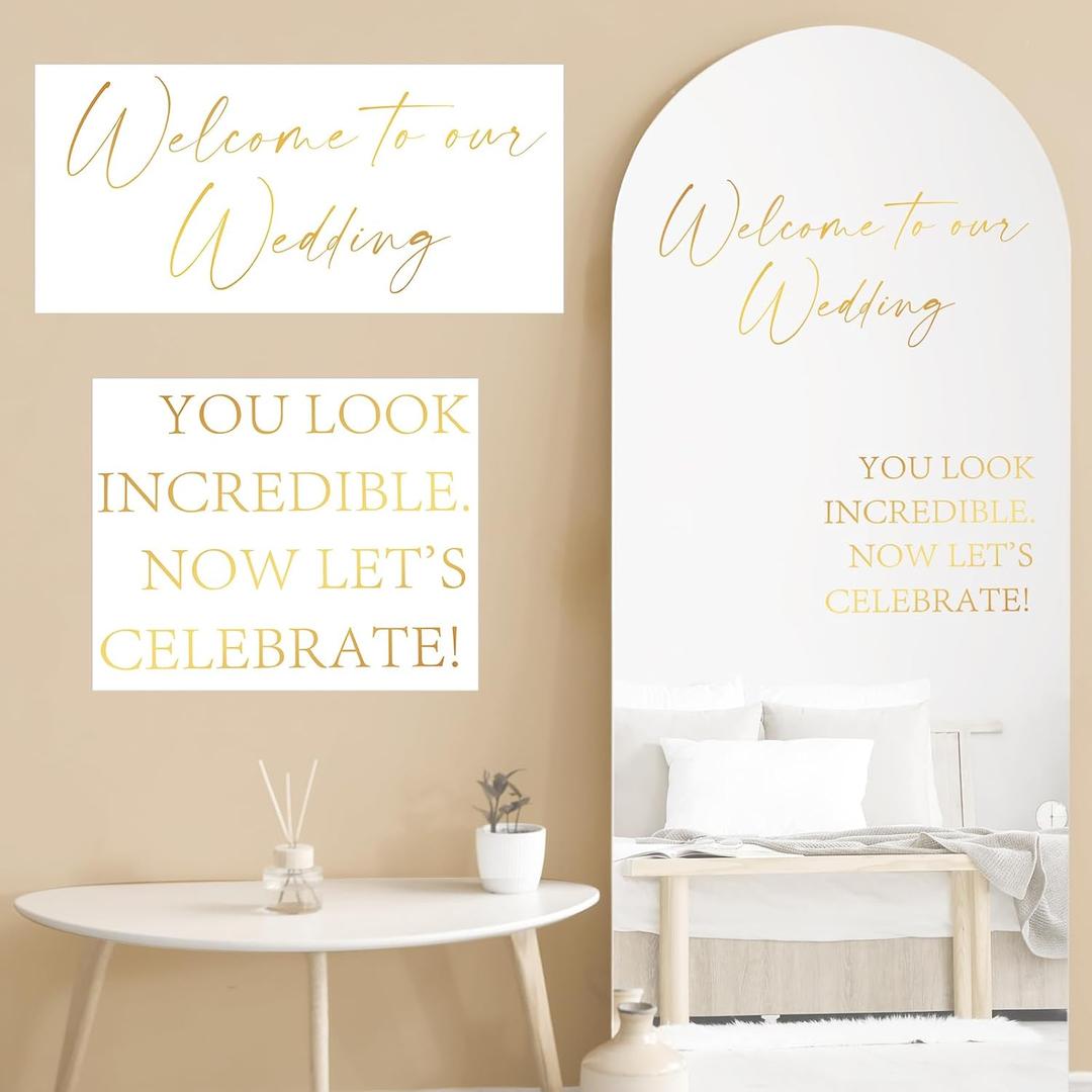 2 Pcs Welcome to Our Wedding Mirror Decal Vinyl Lettering Decal Sticker Removable Letters Wedding Decals for Mirrors Glass Window Sign Marriage Decoration(Gold)